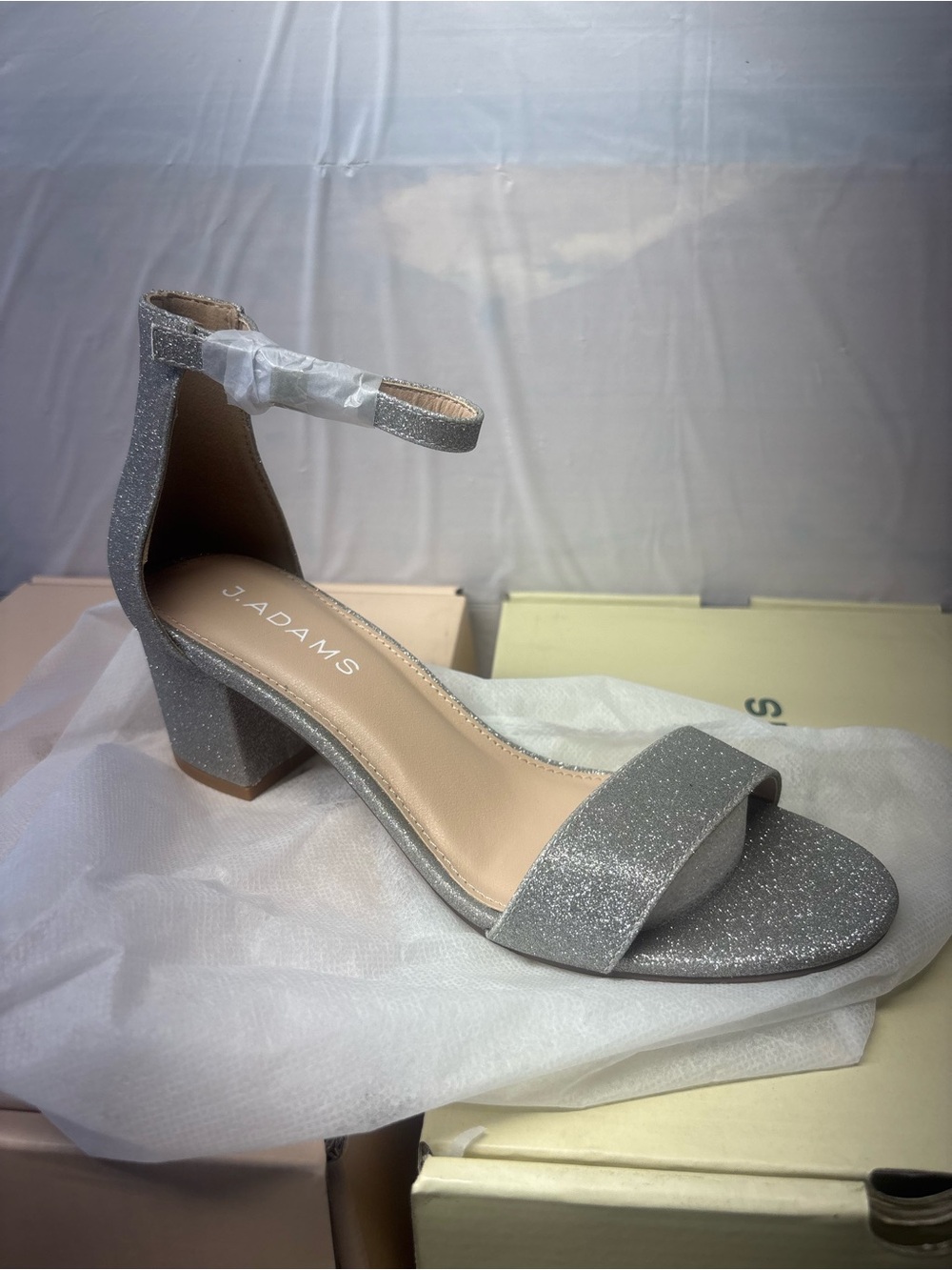 J Adam’s  Silver Glitter Block Heel Sandals with Ankle Strap